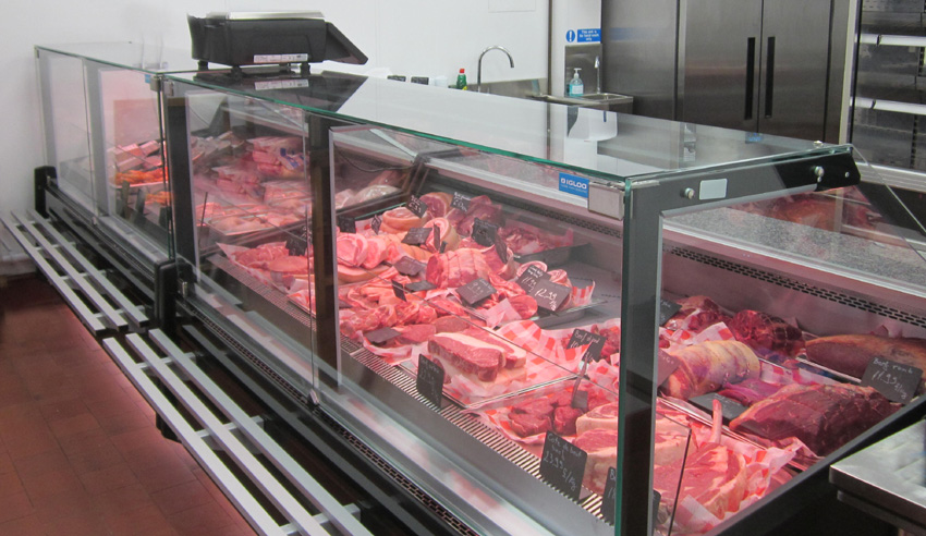 Shop interior showing meat on display